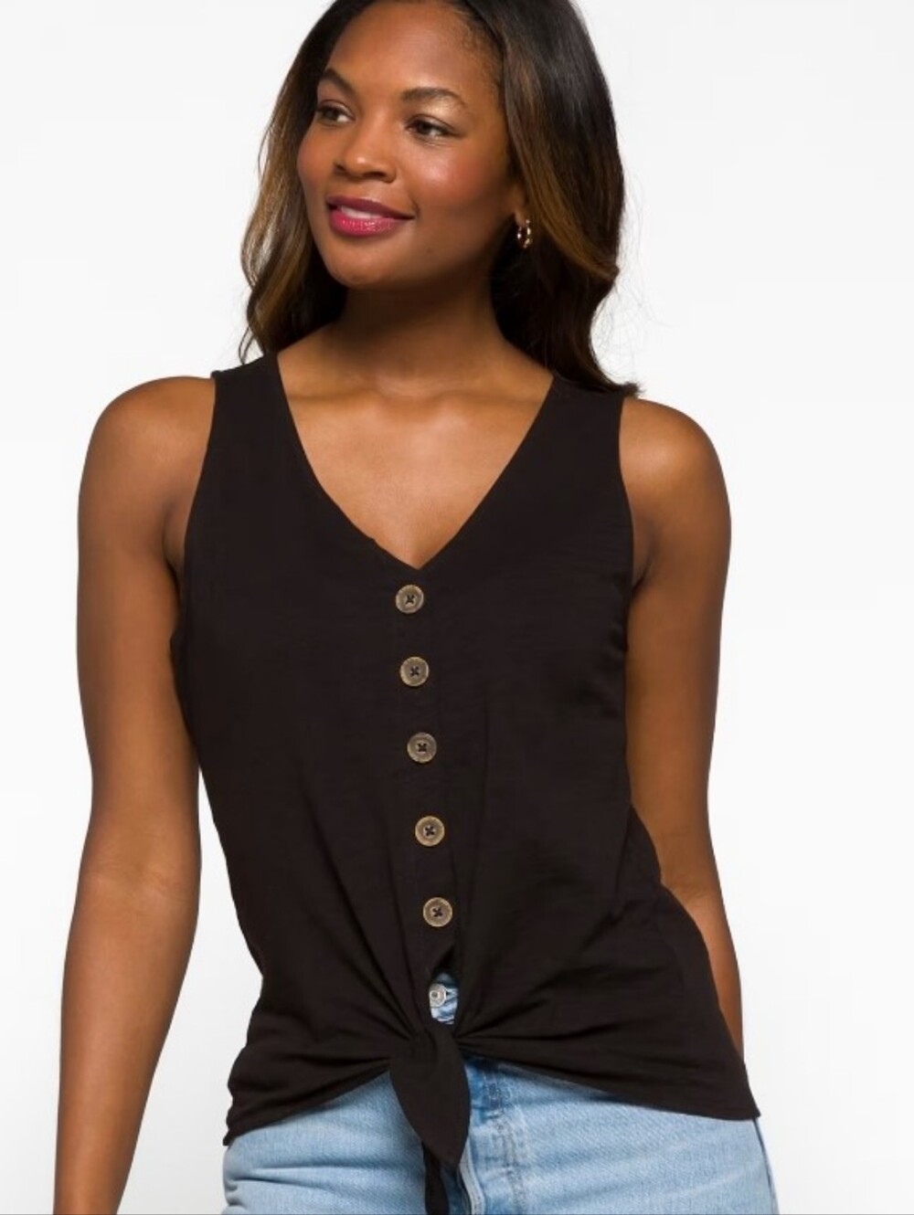 Sanctuary Black V-Neck Button Front Tie Tank, Size L